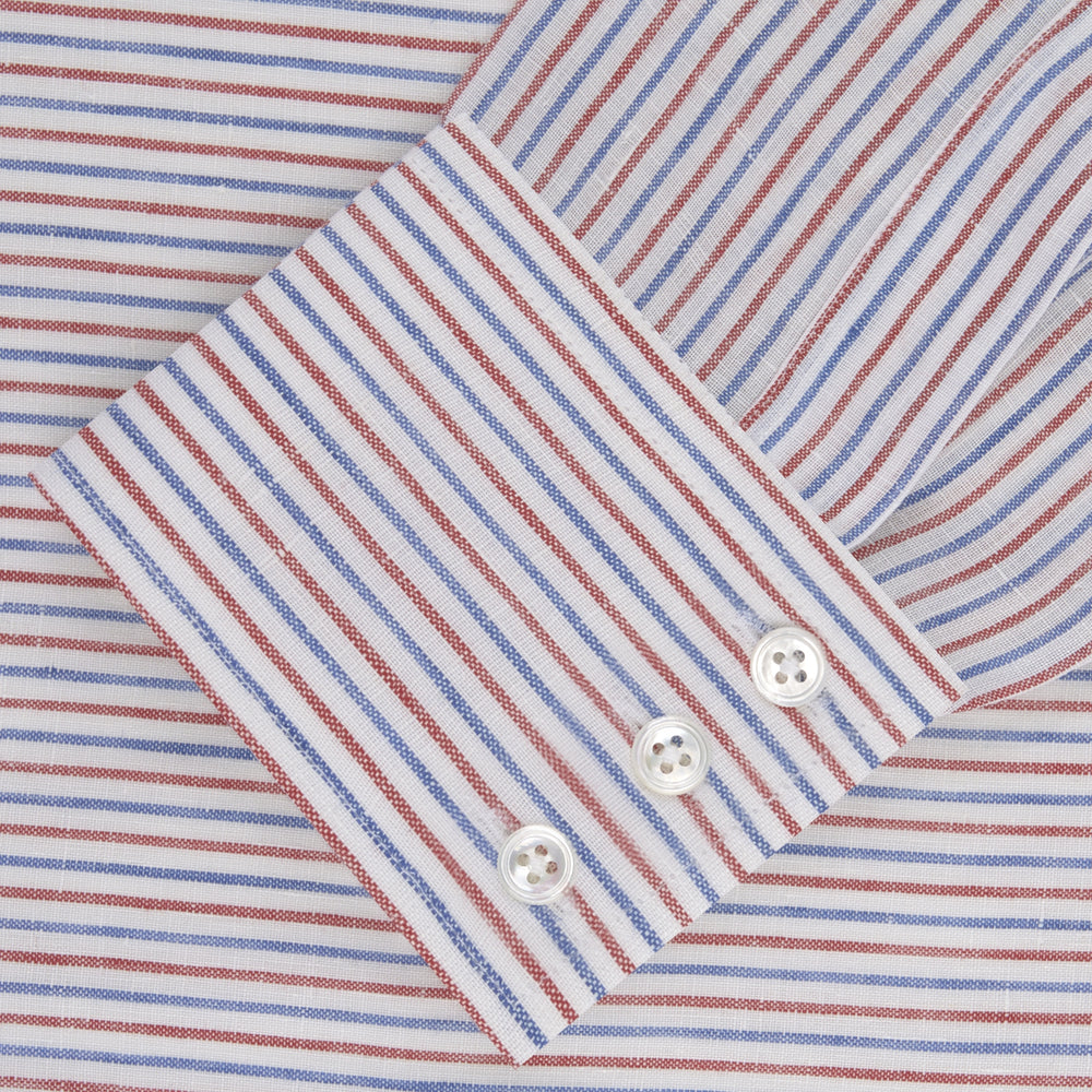 The Turnbull & Asser Red and Blue Ticking Stripe Linen Shirt features a POW collar, 3-button cuffs, white buttons, and a visible brand label inside the collar for timeless style.