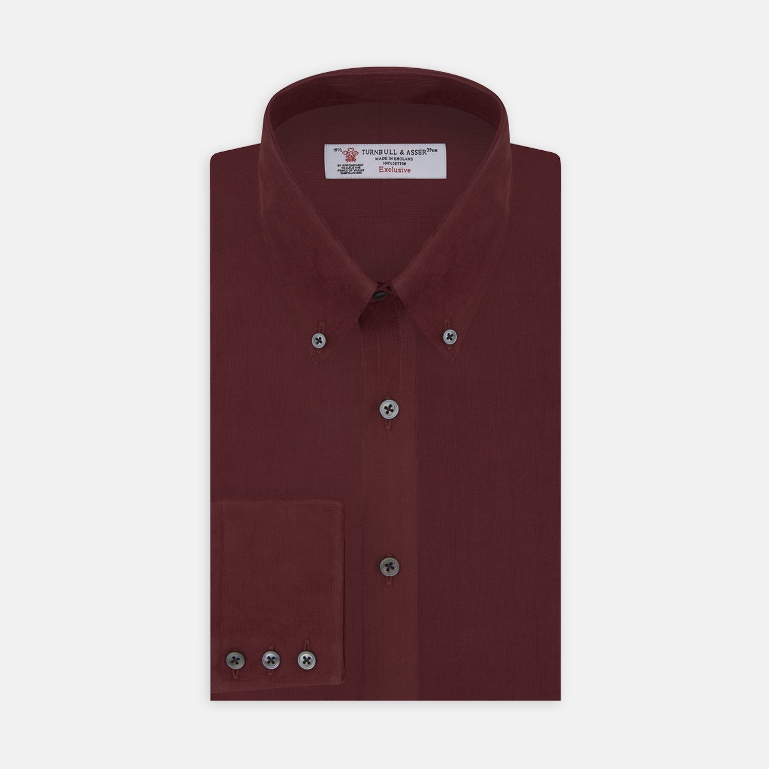 View 1 of product A Turnbull & Asser Burgundy Corduroy Cotton Shirt with a Cambridge collar and 3-button cuffs, neatly folded and displayed on a plain white background.