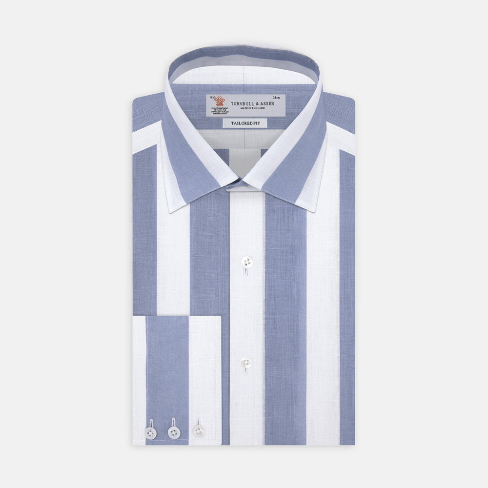 Turnbull & Asser's Tailored Fit Blue and White Stripe Linen Shirt features wide vertical stripes, a concealed button-down collar, and button cuffs—perfect for spring style.