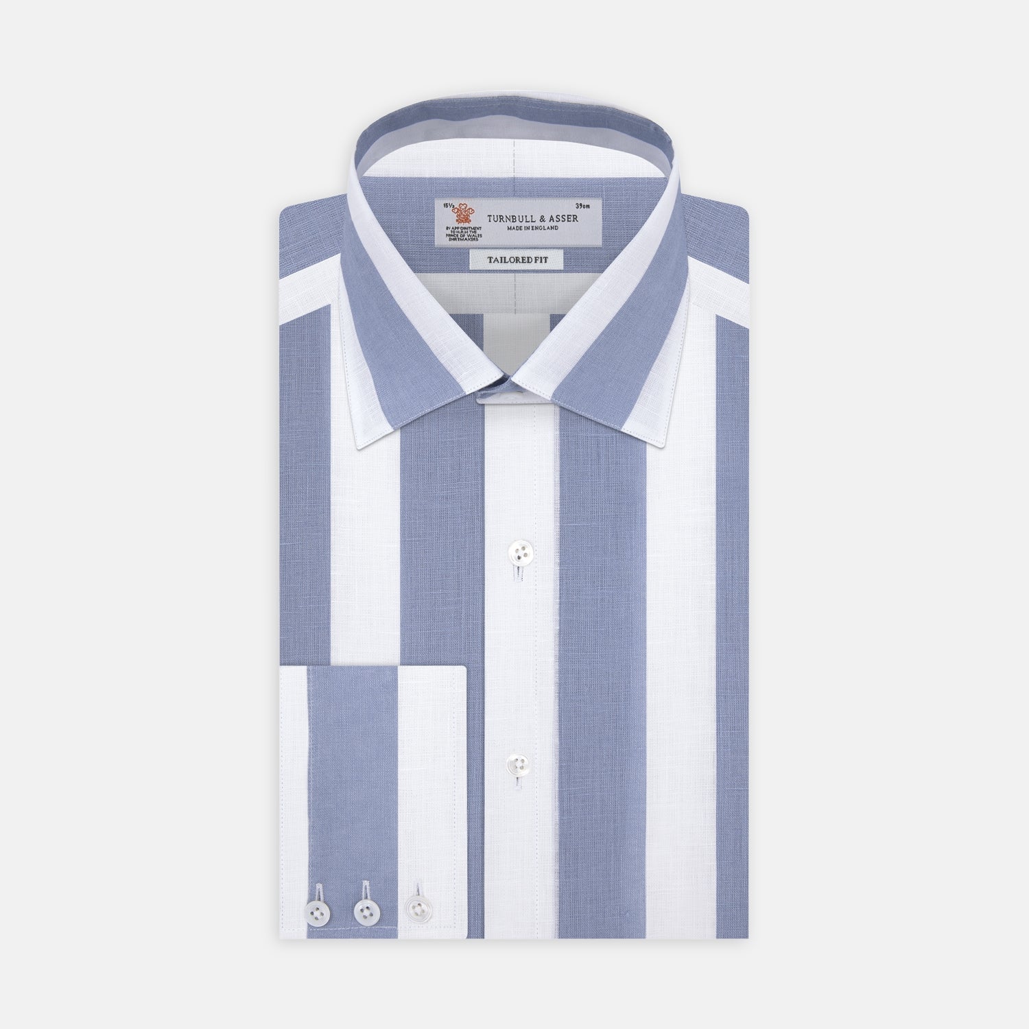 View 1 of product Turnbull & Asser's Tailored Fit Blue and White Stripe Linen Shirt features wide vertical stripes, a concealed button-down collar, and button cuffs—perfect for spring style.
