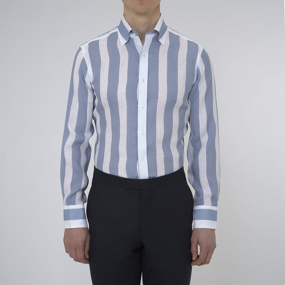Turnbull & Asser's Tailored Fit Blue and White Stripe Linen Shirt features wide vertical stripes, a concealed button-down collar, and button cuffs—perfect for spring style.