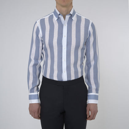 Tailored Fit Blue and White Stripe Linen Shirt with Concealed Button-Down Collar and Button Cuffs Image 1