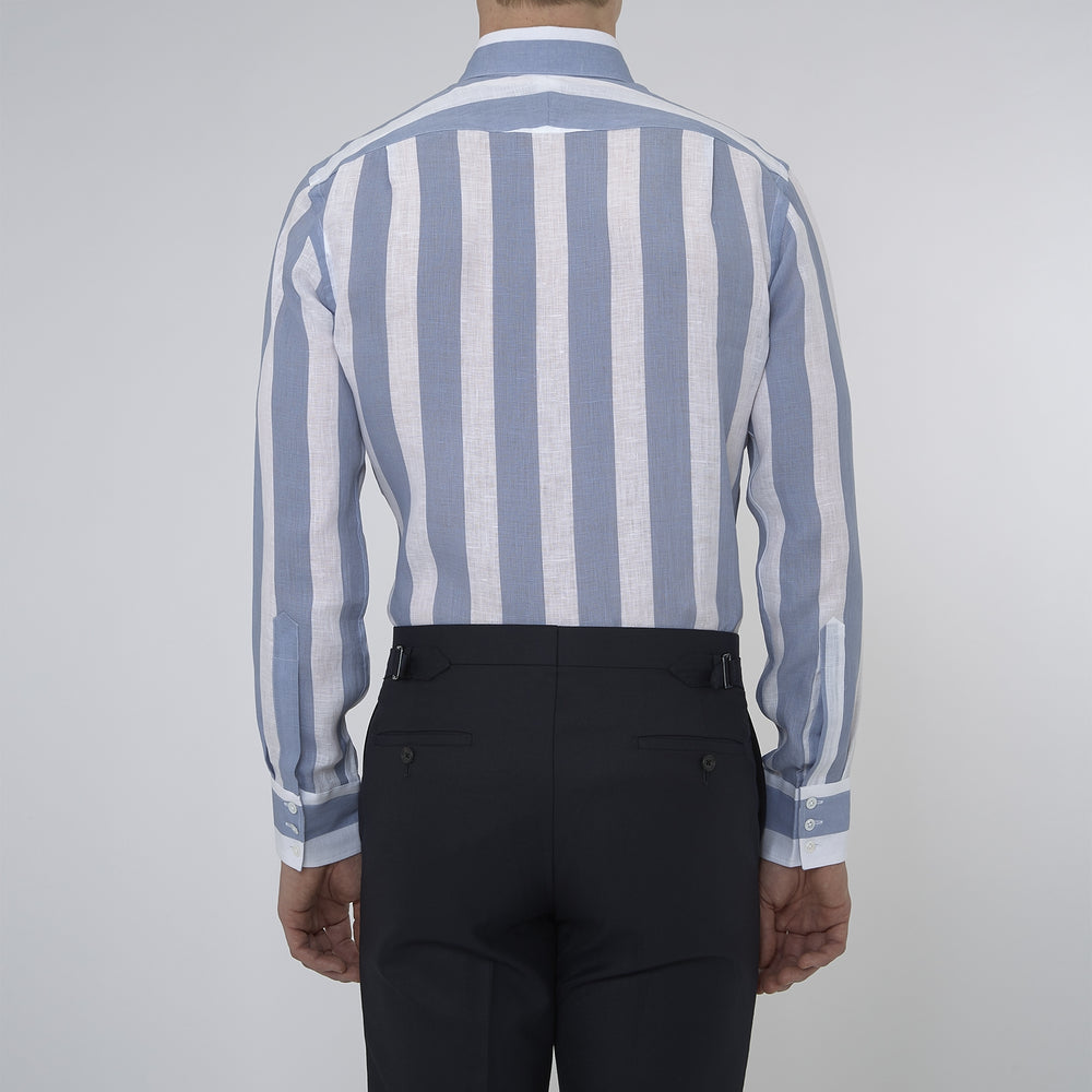 Turnbull & Asser's Tailored Fit Blue and White Stripe Linen Shirt features wide vertical stripes, a concealed button-down collar, and button cuffs—perfect for spring style.
