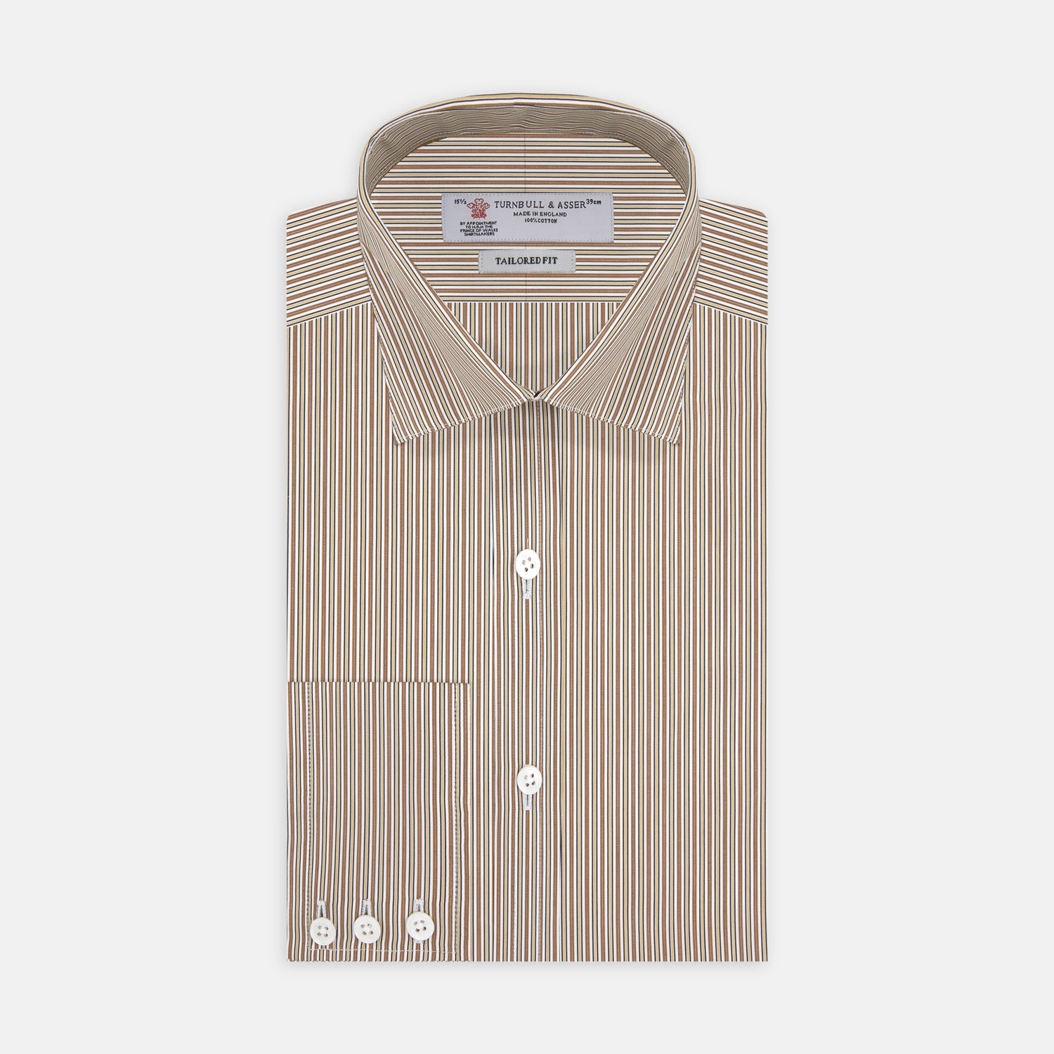 View 1 of product The Turnbull & Asser Tailored Fit Brown Fine Stripe Shirt features a Bury collar, 3-button cuffs, white buttons, and fine brown and white stripes. Made from premium Thomas Mason cotton and shown neatly folded on a plain white background.