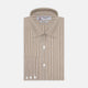 The Turnbull & Asser Tailored Fit Brown Fine Stripe Shirt features a Bury collar, 3-button cuffs, white buttons, and fine brown and white stripes. Made from premium Thomas Mason cotton and shown neatly folded on a plain white background.