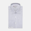View 1 of product The Turnbull & Asser Tailored Fit Blue and White Stripe Sea Island Quality Cotton Shirt features a Bury collar and 3-button cuffs, neatly folded with white buttons, shown on a plain white background.