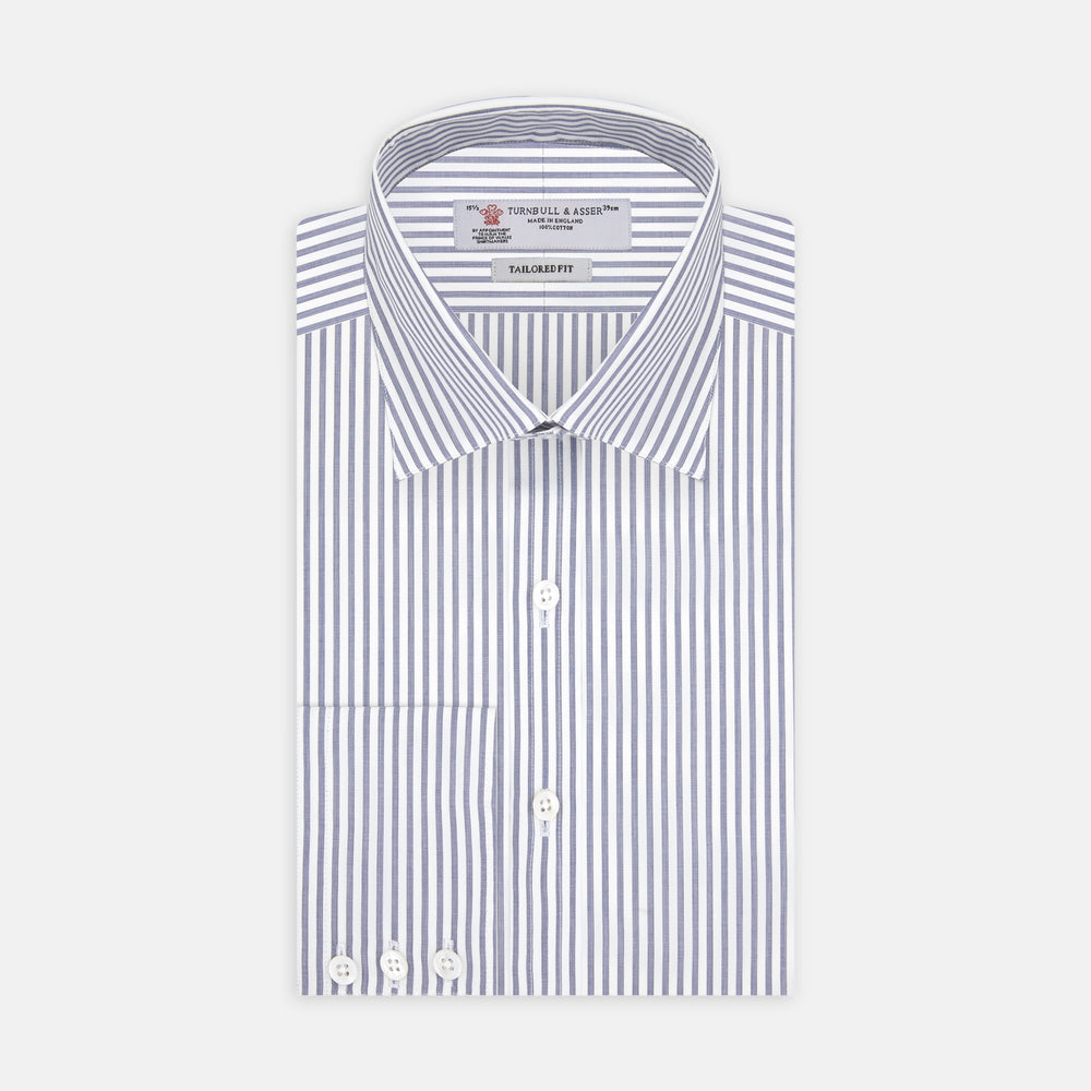 The Turnbull & Asser Tailored Fit Blue and White Stripe Sea Island Quality Cotton Shirt features a Bury collar and 3-button cuffs, neatly folded with white buttons, shown on a plain white background.