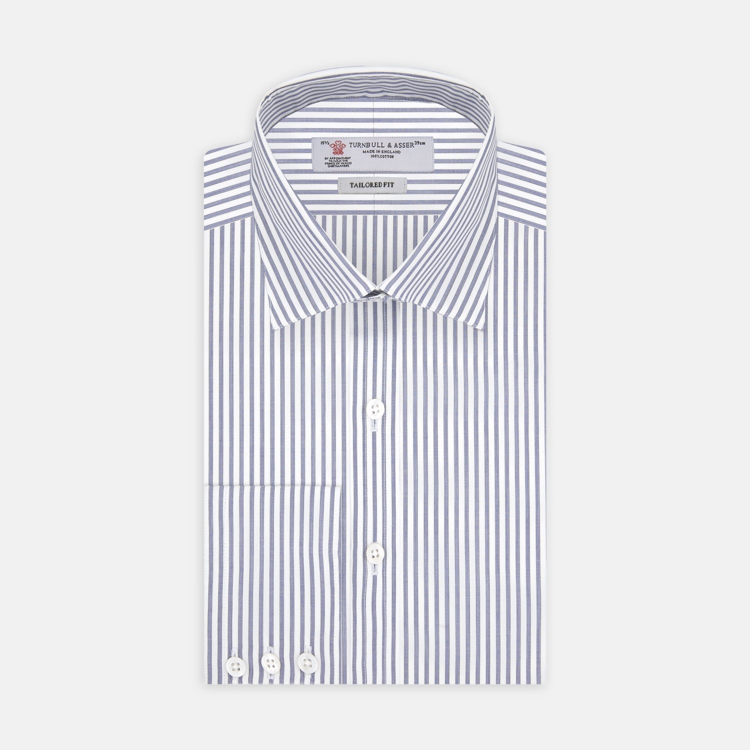 View 1 of product The Turnbull & Asser Tailored Fit Blue and White Stripe Sea Island Quality Cotton Shirt features a Bury collar and 3-button cuffs, neatly folded with white buttons, shown on a plain white background.