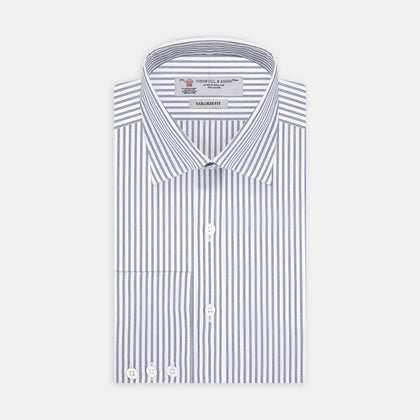 Tailored Fit Blue and White Stripe Sea Island Quality Cotton Shirt with Bury Collar and 3-Button Cuffs