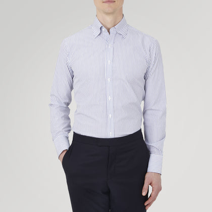 Tailored Fit Blue and White Stripe Sea Island Quality Cotton Shirt with Bury Collar and 3-Button Cuffs Image 1