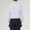 View 3 of product The Turnbull & Asser Tailored Fit Blue and White Stripe Sea Island Quality Cotton Shirt features a Bury collar and 3-button cuffs, neatly folded with white buttons, shown on a plain white background.