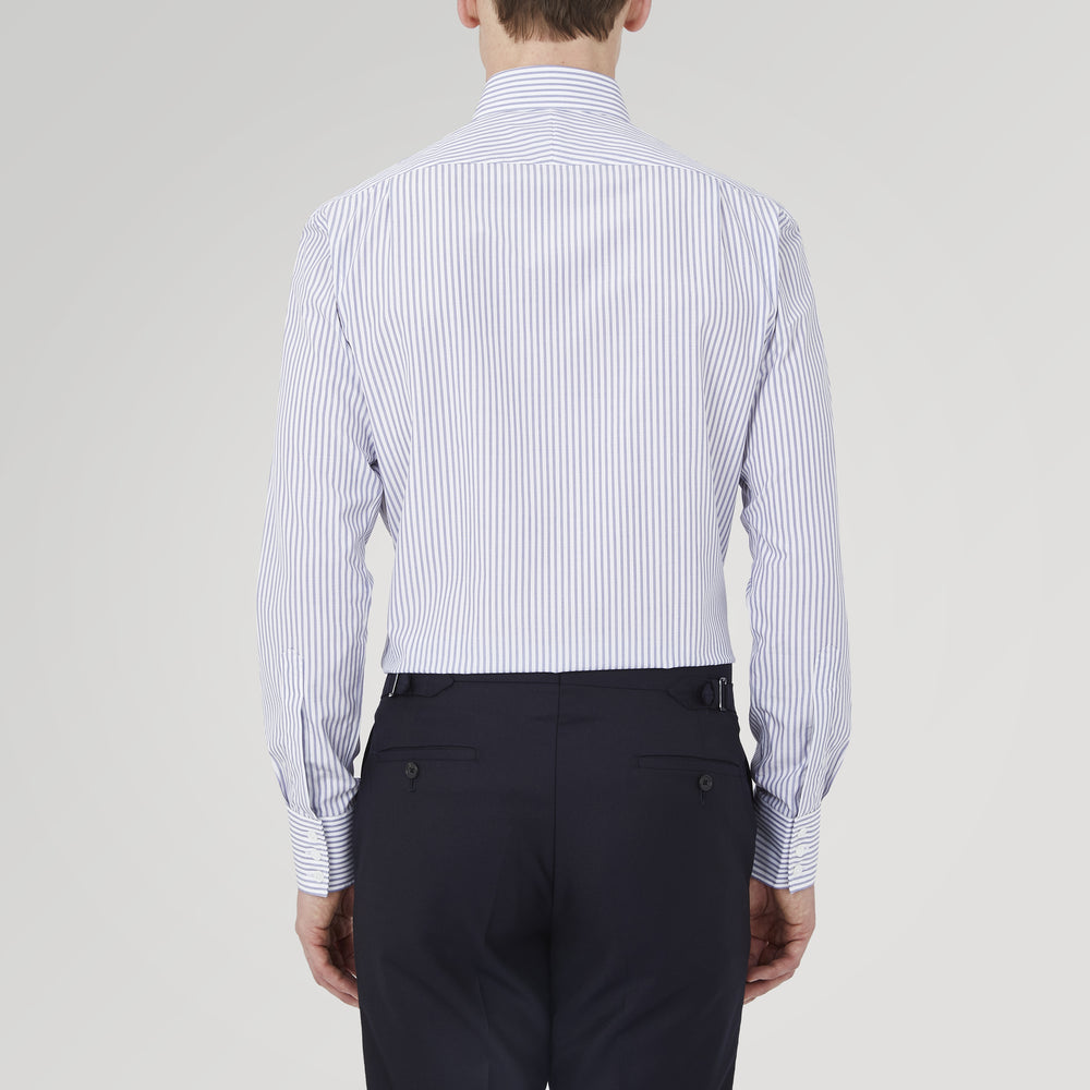 The Turnbull & Asser Tailored Fit Blue and White Stripe Sea Island Quality Cotton Shirt features a Bury collar and 3-button cuffs, neatly folded with white buttons, shown on a plain white background.
