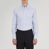 View 4 of product The Turnbull & Asser Tailored Fit Light Blue and White Pinstripe Shirt features a Bury collar and 3-button cuffs, neatly folded and displayed on a plain white background.
