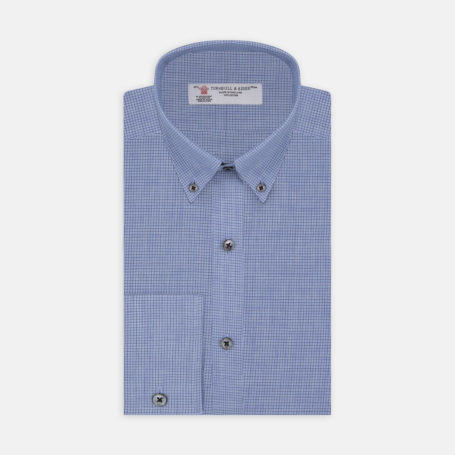 View 1 of product The Turnbull & Asser Weekend Fit Blue Cashmerello Light Shirt features a Dorset collar, 1-button cuffs, subtle check pattern, front pocket, and white buttons—softly folded on a white background.