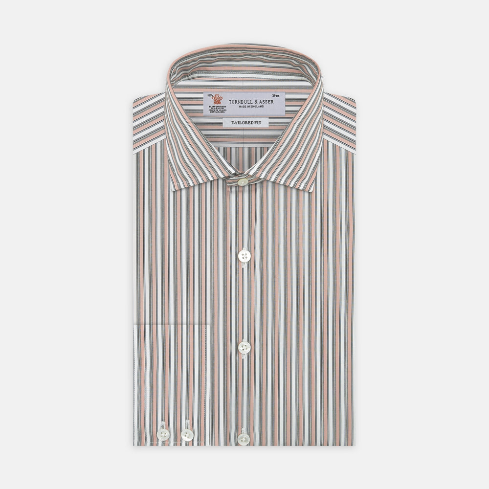 The Tailored Fit Pink and Grey Drawing Stripe Shirt by Turnbull & Asser features a Kent collar, 2-button cuffs, and vertical stripes in pink and grey for a refined look.