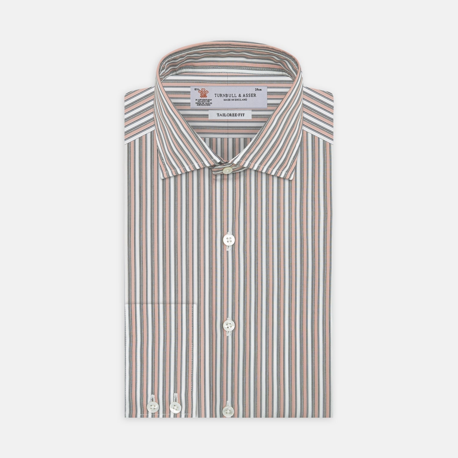 View 1 of product The Tailored Fit Pink and Grey Drawing Stripe Shirt by Turnbull & Asser features a Kent collar, 2-button cuffs, and vertical stripes in pink and grey for a refined look.