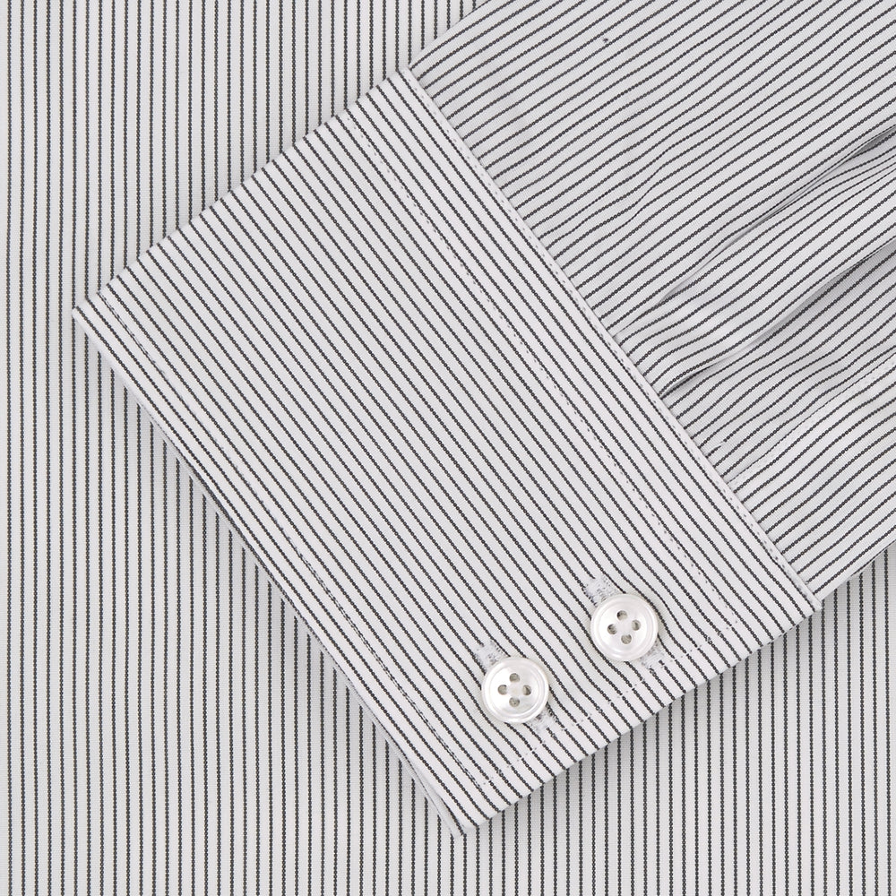 Turnbull & Asser's Tailored Fit Grey and White Pinstripe Shirt features a Kent collar, 2-button cuffs, and white buttons. Displayed on a plain white background.