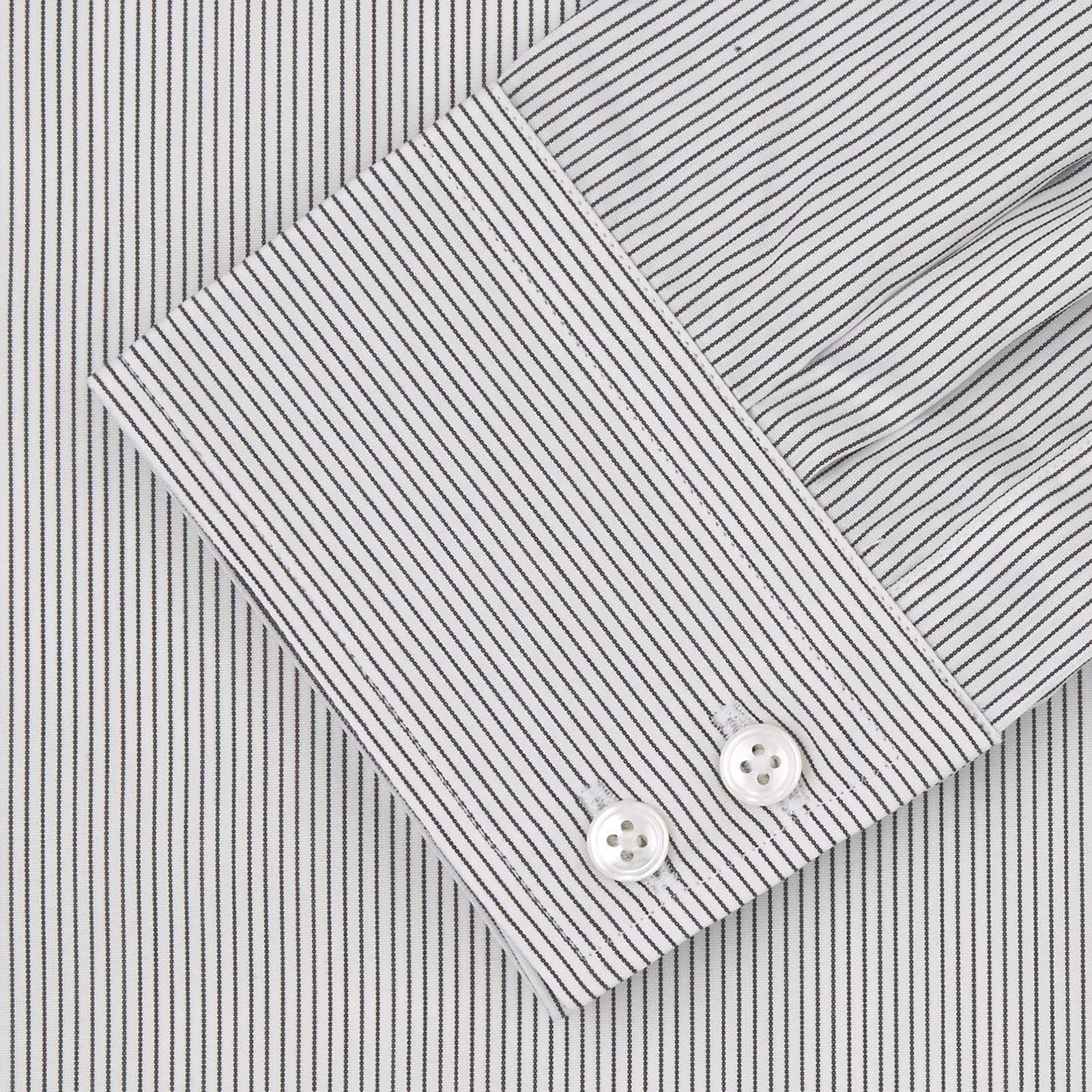 View 2 of product Turnbull & Asser's Tailored Fit Grey and White Pinstripe Shirt features a Kent collar, 2-button cuffs, and white buttons. Displayed on a plain white background.