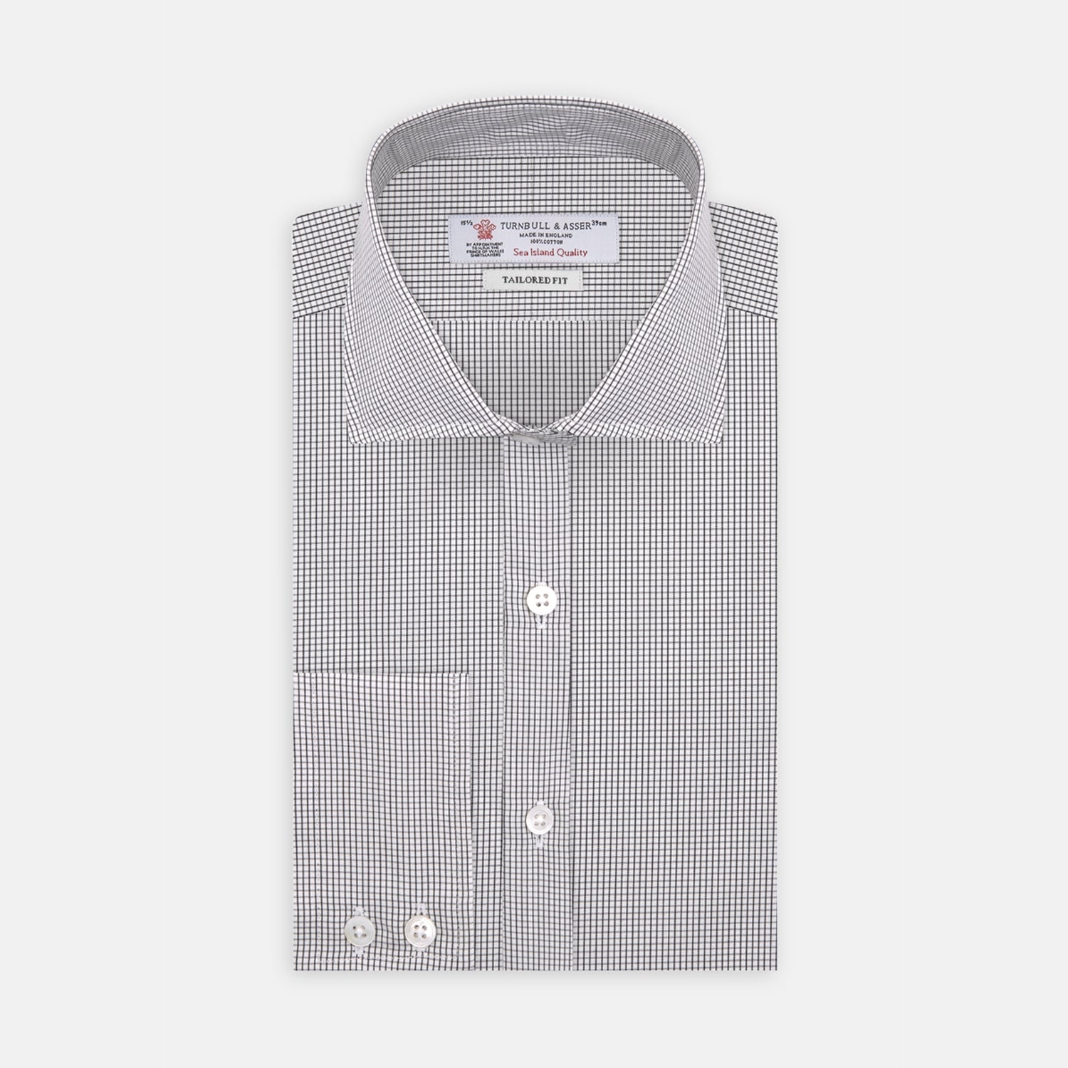 View 1 of product A neatly folded Turnbull & Asser Tailored Fit Grey and White Small Check Shirt with a Kent collar and 2-button cuffs is shown, featuring its brand label inside the collar.