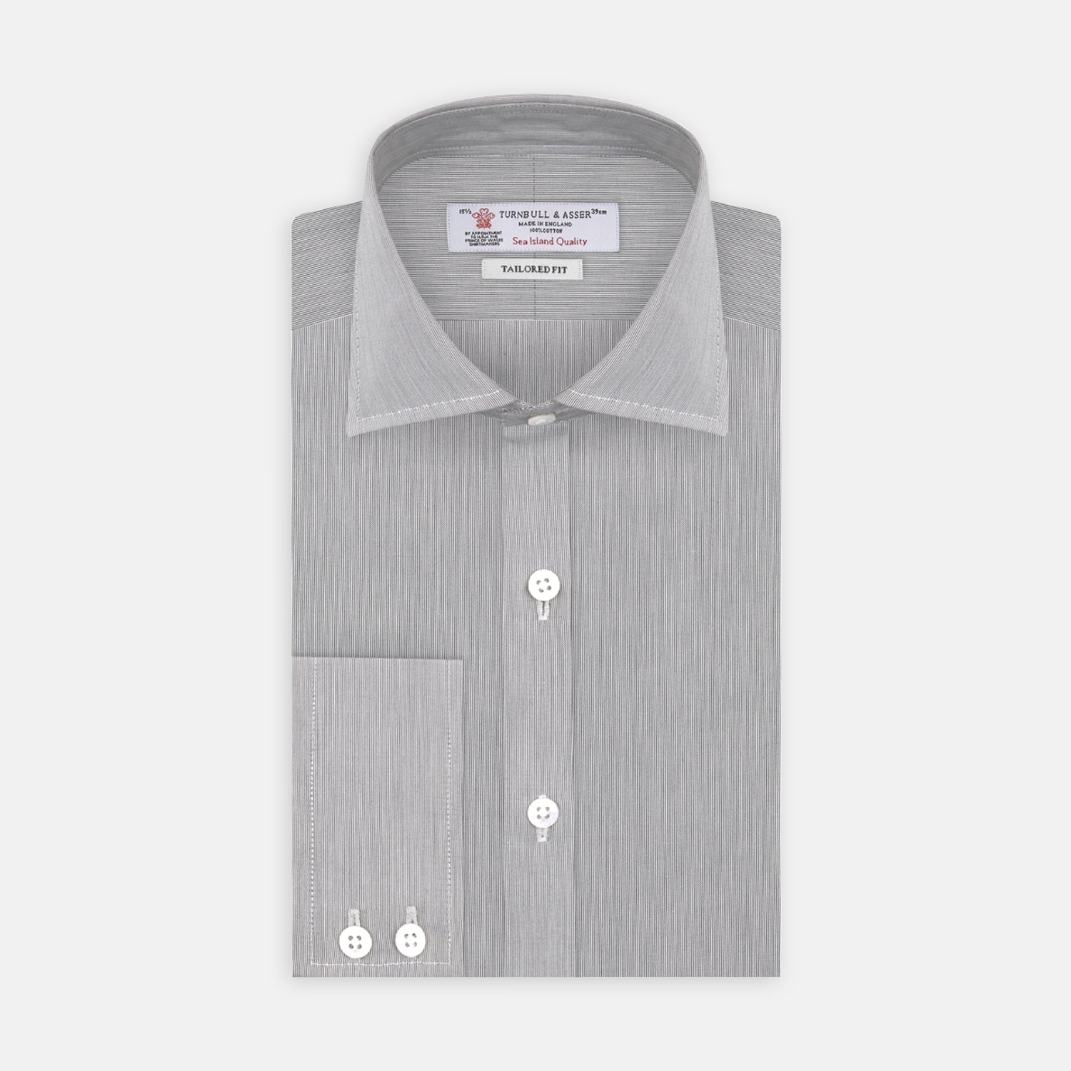 View 1 of product Turnbull & Asser’s Tailored Fit Grey End-On-End Shirt features a classic Kent collar, white buttons, and 2-button cuffs. This long-sleeved shirt is displayed neatly folded against a plain white background.