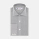 Turnbull & Asser’s Tailored Fit Grey End-On-End Shirt features a classic Kent collar, white buttons, and 2-button cuffs. This long-sleeved shirt is displayed neatly folded against a plain white background.