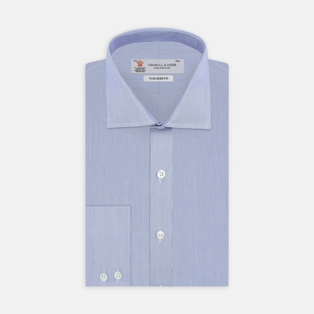A neatly folded Turnbull & Asser Blue Hairline Stripe Tailored Fit Shirt with a Kent collar and double cuffs is displayed on a plain white background, with the brand label visible inside the collar.