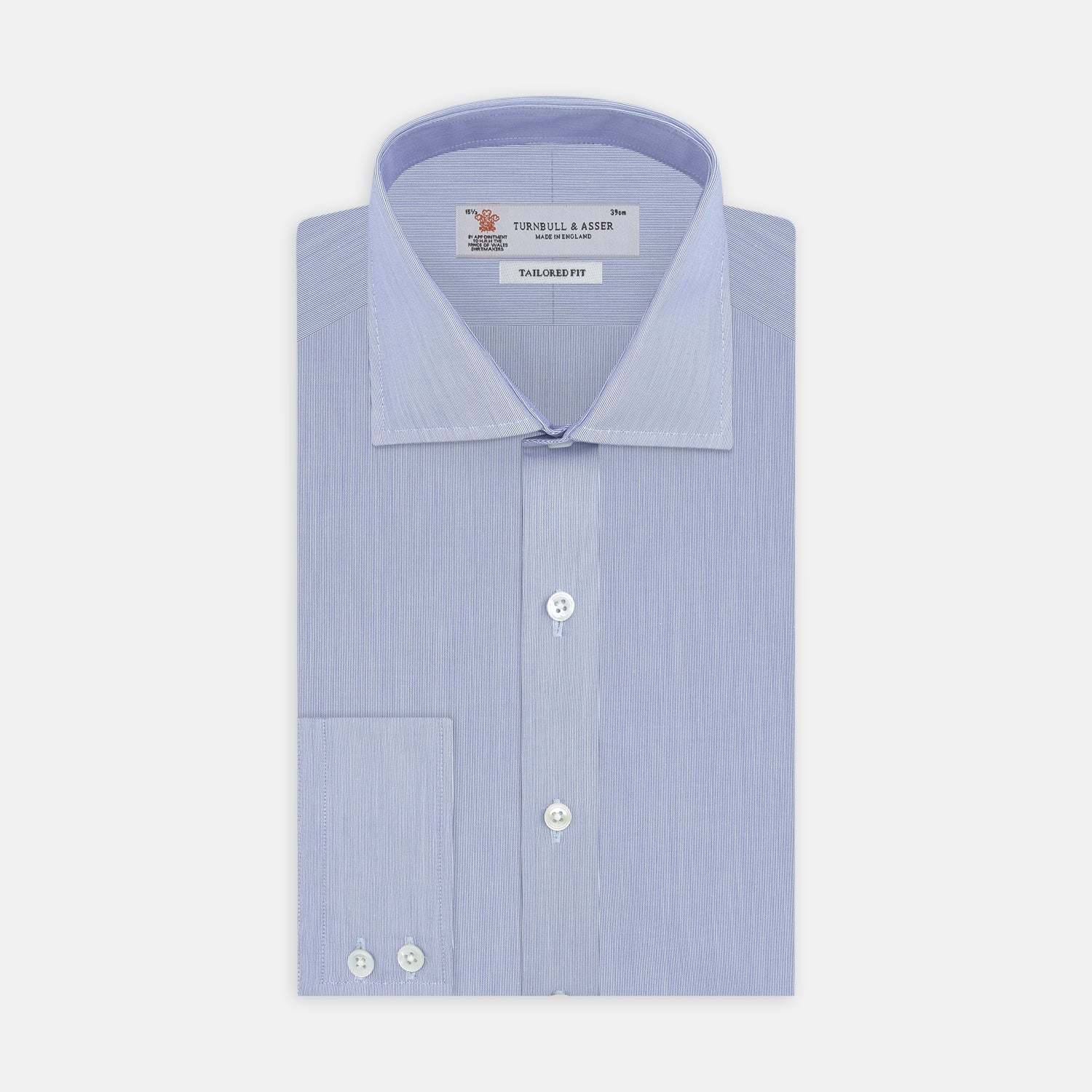 View 1 of product A neatly folded Turnbull & Asser Blue Hairline Stripe Tailored Fit Shirt with a Kent collar and double cuffs is displayed on a plain white background, with the brand label visible inside the collar.