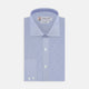 A neatly folded Turnbull & Asser Blue Hairline Stripe Tailored Fit Shirt with a Kent collar and double cuffs is displayed on a plain white background, with the brand label visible inside the collar.