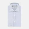 View 1 of product The Turnbull & Asser Tailored Fit Blue and White Fine Stripe Shirt features a Kent collar and 2-button cuffs, shown neatly folded against a plain white background.
