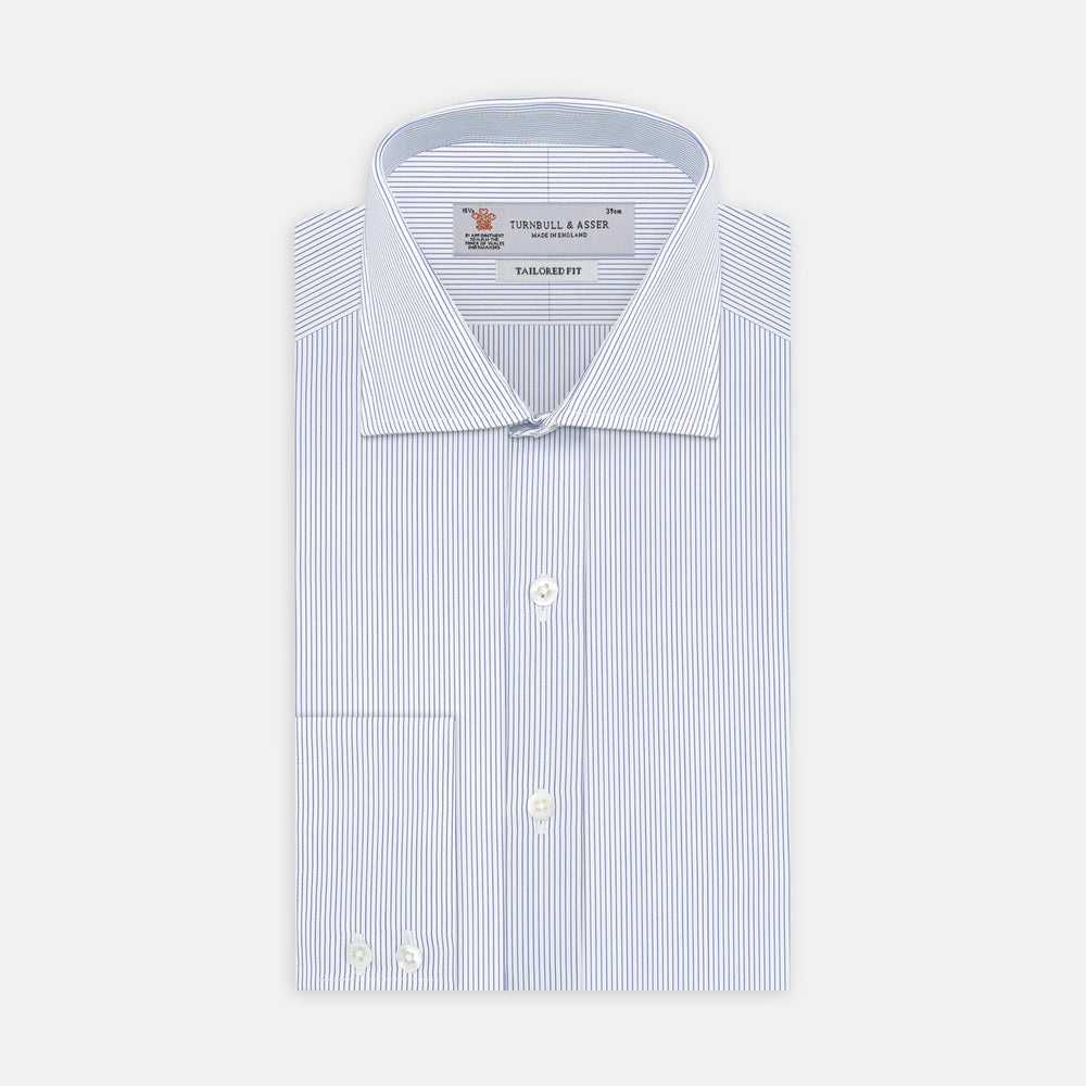 The Turnbull & Asser Tailored Fit Blue and White Fine Stripe Shirt features a Kent collar and 2-button cuffs, shown neatly folded against a plain white background.
