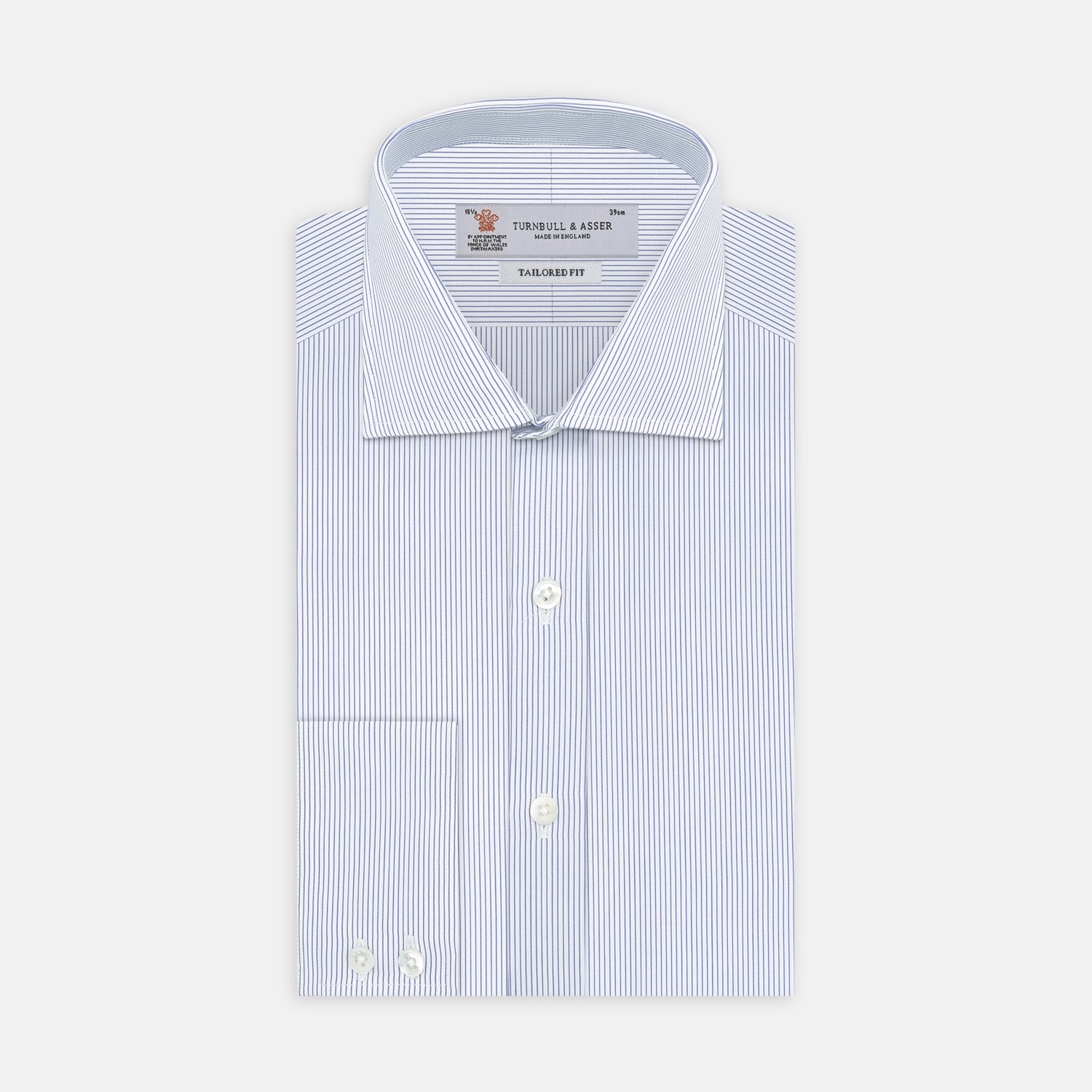 View 1 of product The Turnbull & Asser Tailored Fit Blue and White Fine Stripe Shirt features a Kent collar and 2-button cuffs, shown neatly folded against a plain white background.