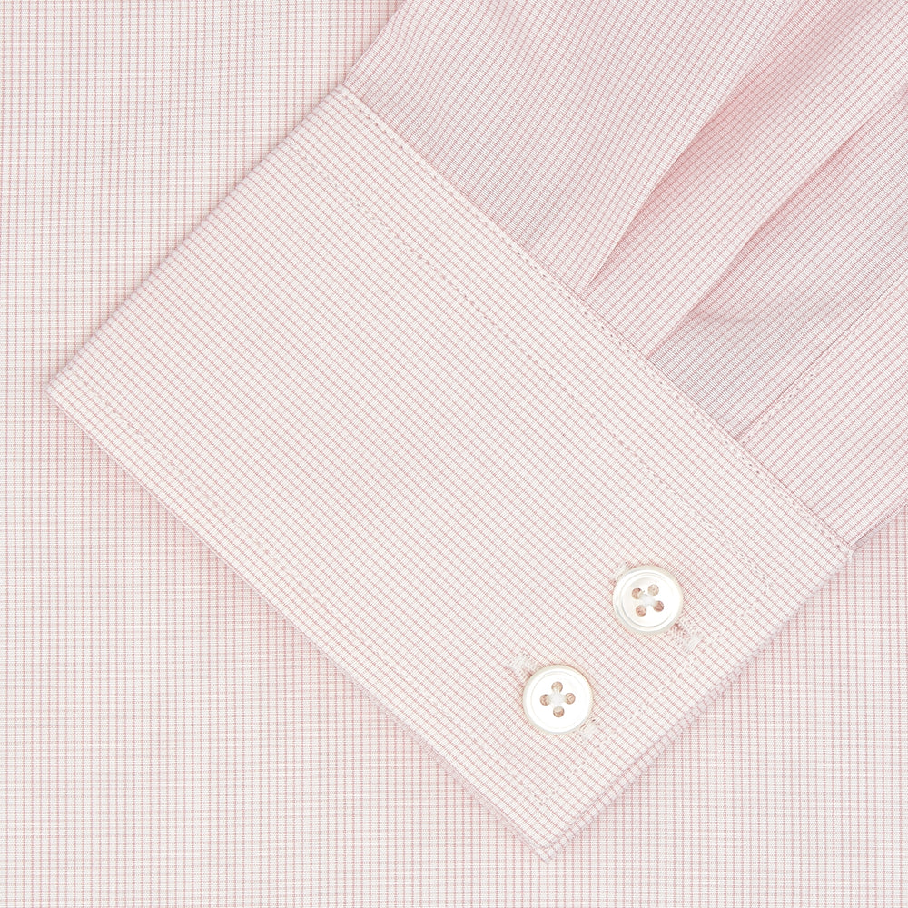 The Turnbull & Asser Tailored Fit Pink Fine Check Shirt features a Kent collar, 2-button cuffs, subtle check pattern, and white buttons, with a tailored fit label inside the collar.