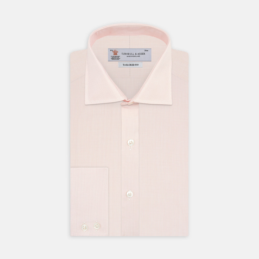The Turnbull & Asser Tailored Fit Pink Fine Check Shirt features a Kent collar, 2-button cuffs, subtle check pattern, and white buttons, with a tailored fit label inside the collar.