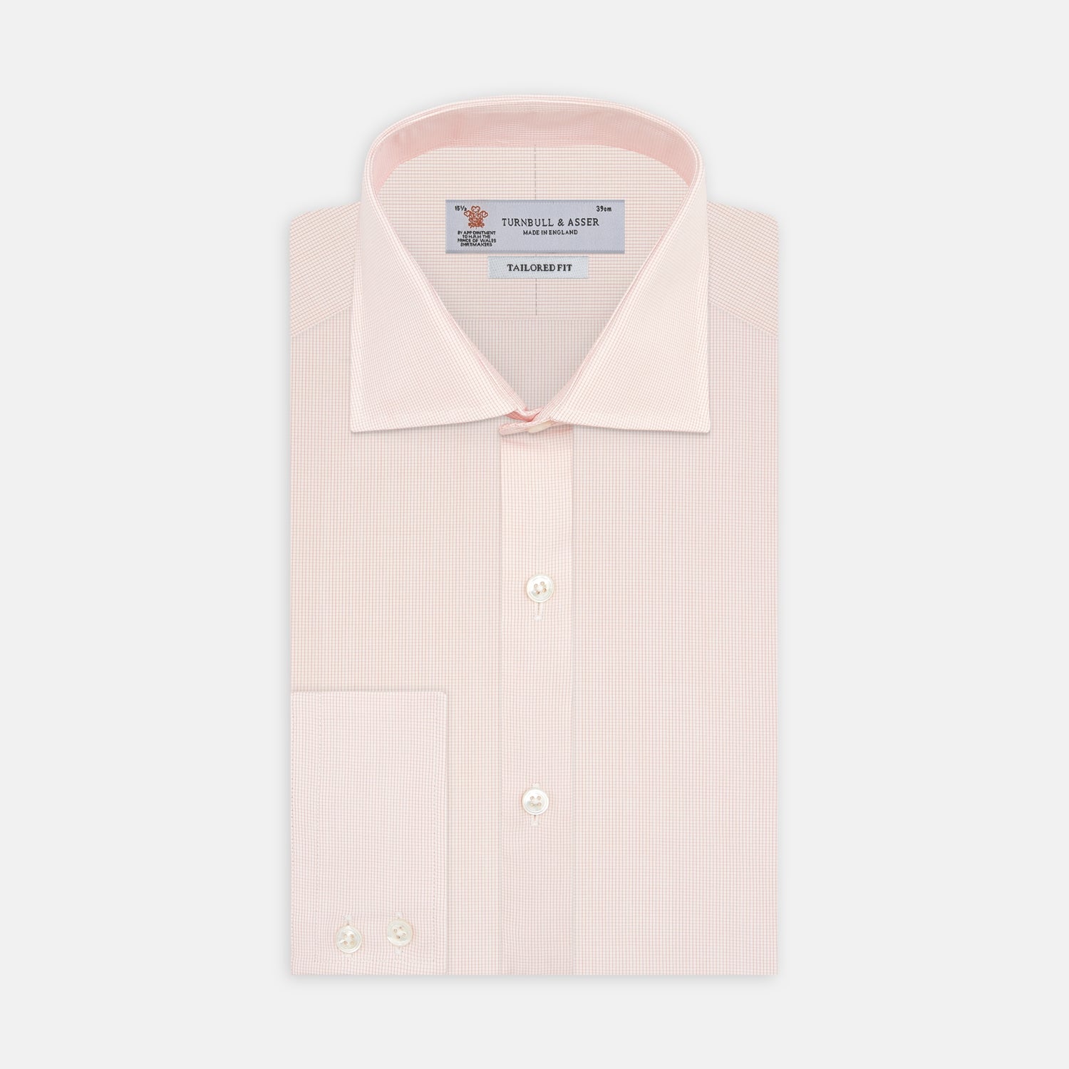 View 1 of product The Turnbull & Asser Tailored Fit Pink Fine Check Shirt features a Kent collar, 2-button cuffs, subtle check pattern, and white buttons, with a tailored fit label inside the collar.
