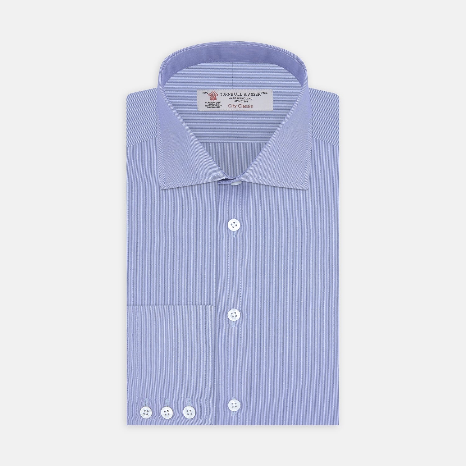 View 1 of product A Turnbull & Asser Blue Hairline Stripe Shirt with a Regent collar and 3-button cuffs is neatly folded, white label visible inside the collar, and displayed on a plain white background.