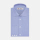 A Turnbull & Asser Blue Hairline Stripe Shirt with a Regent collar and 3-button cuffs is neatly folded, white label visible inside the collar, and displayed on a plain white background.
