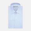 View 1 of product The Turnbull & Asser Blue Hairline Stripe Shirt features a T&A collar, double cuffs, white buttons, and a crisp design—ideal for the office. Displayed neatly folded on a plain white background.