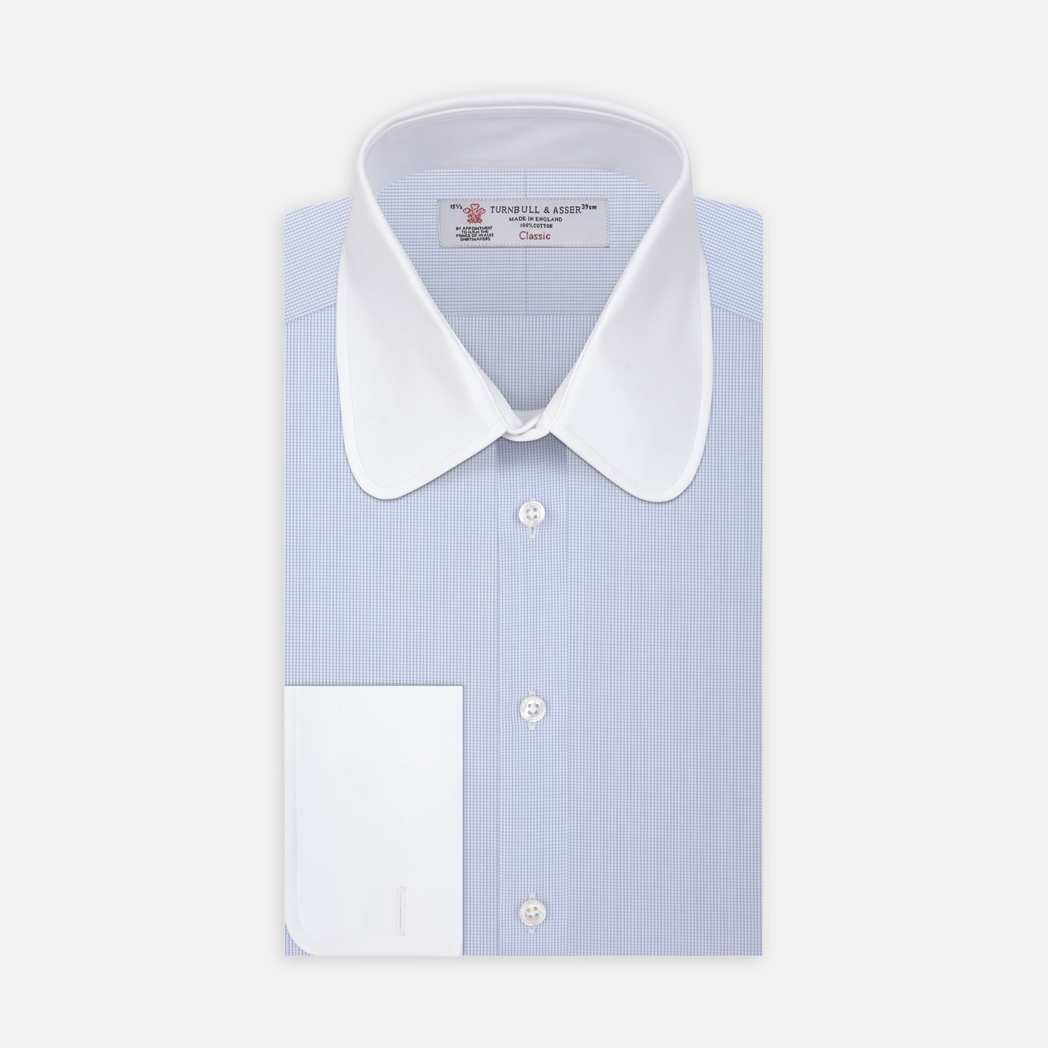 View 1 of product A neatly folded The Great Gatsby Cotton Shirt by Turnbull & Asser, featuring a light blue body, white rounded collar, and double cuffs inspired by 1920s style, displayed on a plain light background.