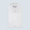 View 1 of product The Turnbull & Asser Two-Fold 120 White Cotton Shirt features long sleeves, a regent collar, double cuffs, and white buttons, neatly displayed against a light blue background.