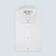The Turnbull & Asser Two-Fold 120 White Cotton Shirt features long sleeves, a regent collar, double cuffs, and white buttons, neatly displayed against a light blue background.