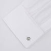 View 2 of product The Turnbull & Asser Two-Fold 120 White Cotton Shirt features long sleeves, a regent collar, double cuffs, and white buttons, neatly displayed against a light blue background.