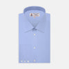 View 1 of product The Turnbull & Asser Two-Fold 200 Blue Cotton Shirt features a T&A collar, 3-button cuffs, and white buttons—a refined men's dress shirt displayed on a plain white background.