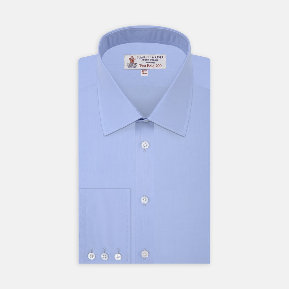 The Turnbull & Asser Two-Fold 200 Blue Cotton Shirt features a T&A collar, 3-button cuffs, and white buttons—a refined men's dress shirt displayed on a plain white background.