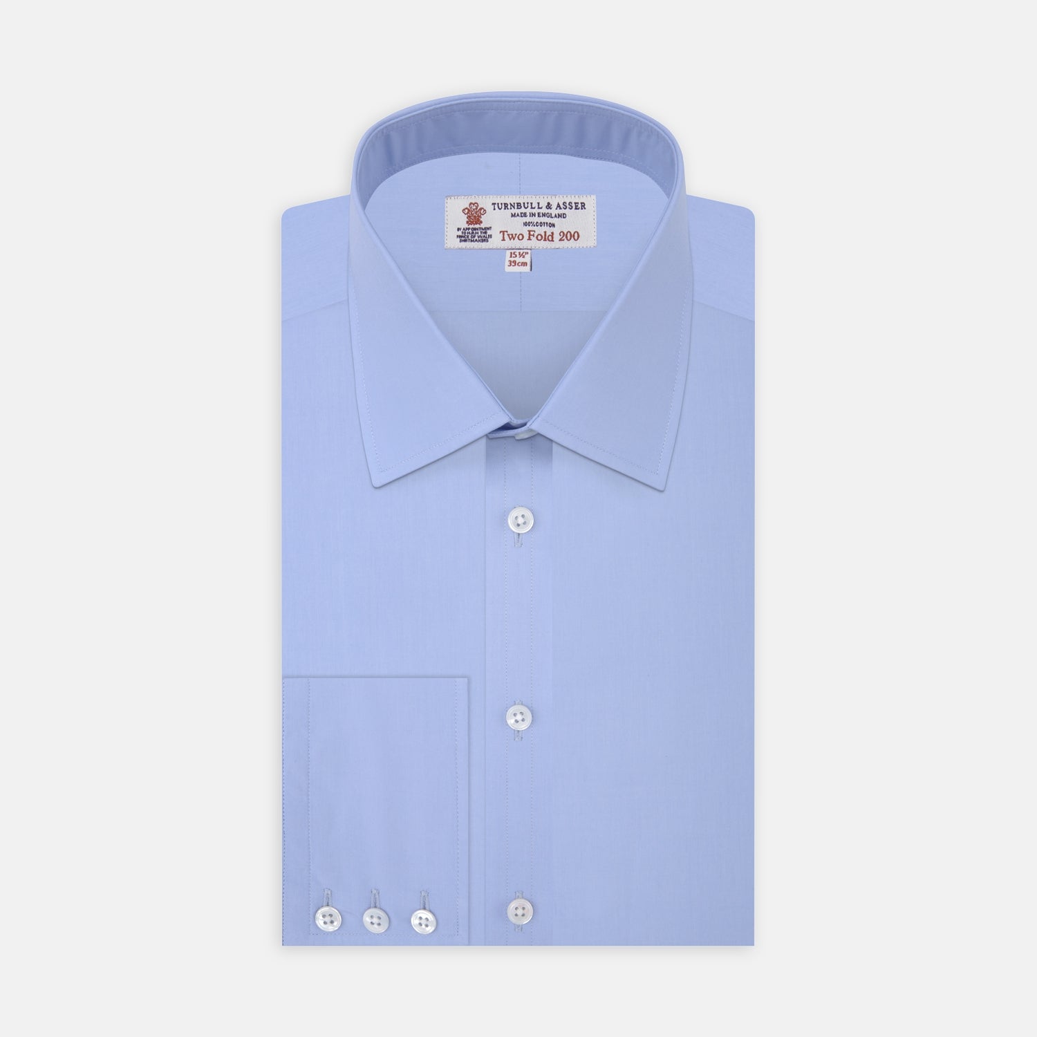 View 1 of product The Turnbull & Asser Two-Fold 200 Blue Cotton Shirt features a T&A collar, 3-button cuffs, and white buttons—a refined men's dress shirt displayed on a plain white background.