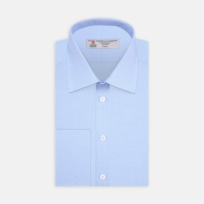 Sky Blue Micro-Check Shirt with T&amp;A Collar and Double Cuffs