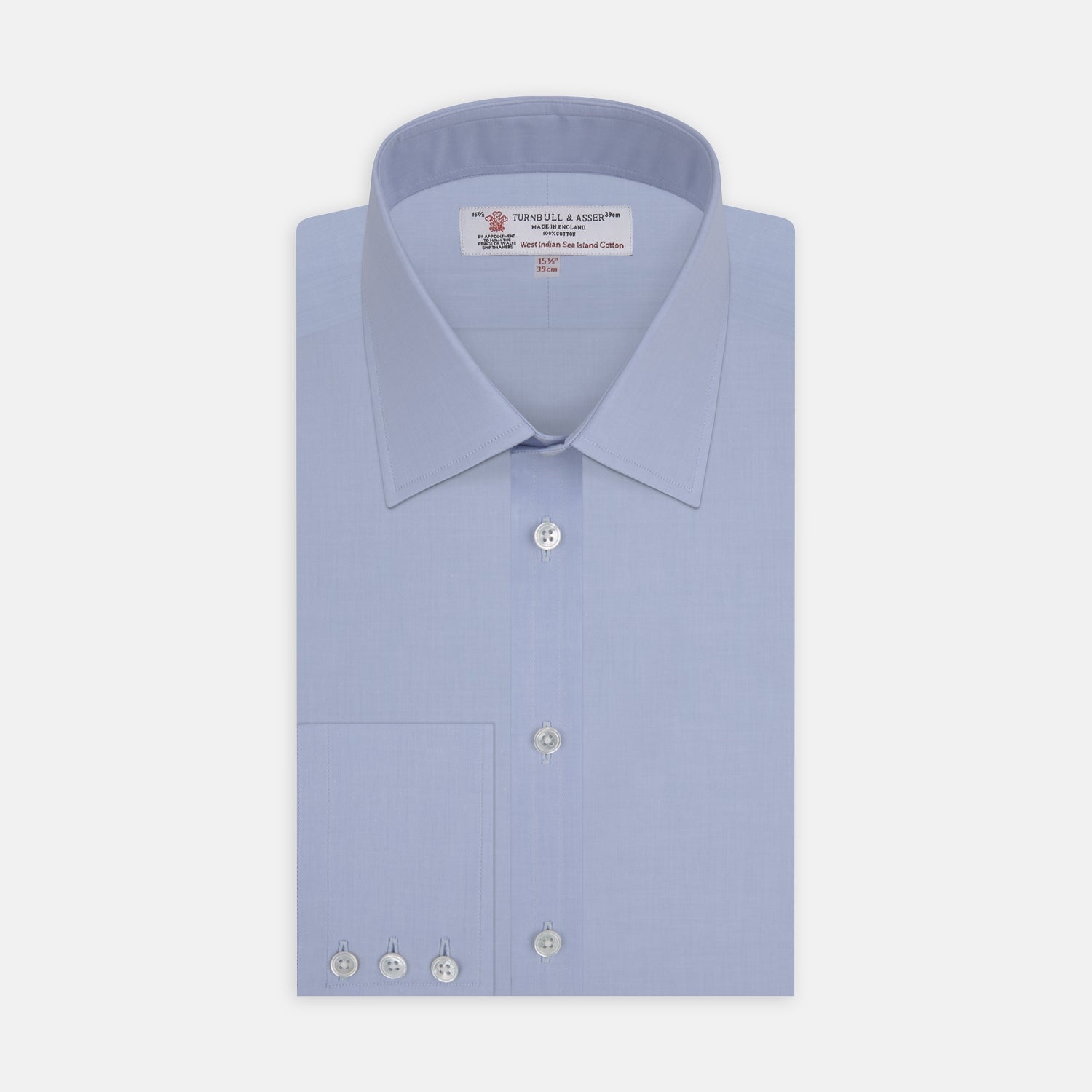 View 1 of product The Turnbull & Asser Blue West Indian Sea Island Cotton Shirt features a T&A collar, 3-button cuffs, white buttons, a front chest pocket, and a monogrammed label inside the collar.