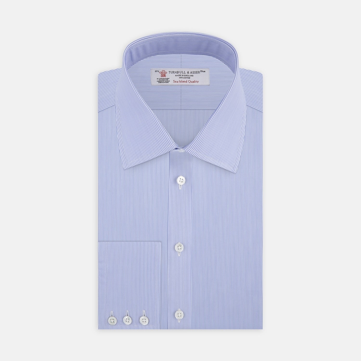 View 2 of product A circular swatch of Turnbull & Asser’s Blue Fine Bengal Stripe Sea Island Quality Cotton Fabric, featuring light blue and white vertical pinstripes and a gray border, is shown on a plain white background.