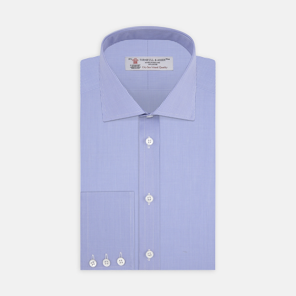 The Turnbull & Asser Blue Fine Check Sea Island Quality Cotton Shirt features a Regent collar and 3-button cuffs for a refined look.