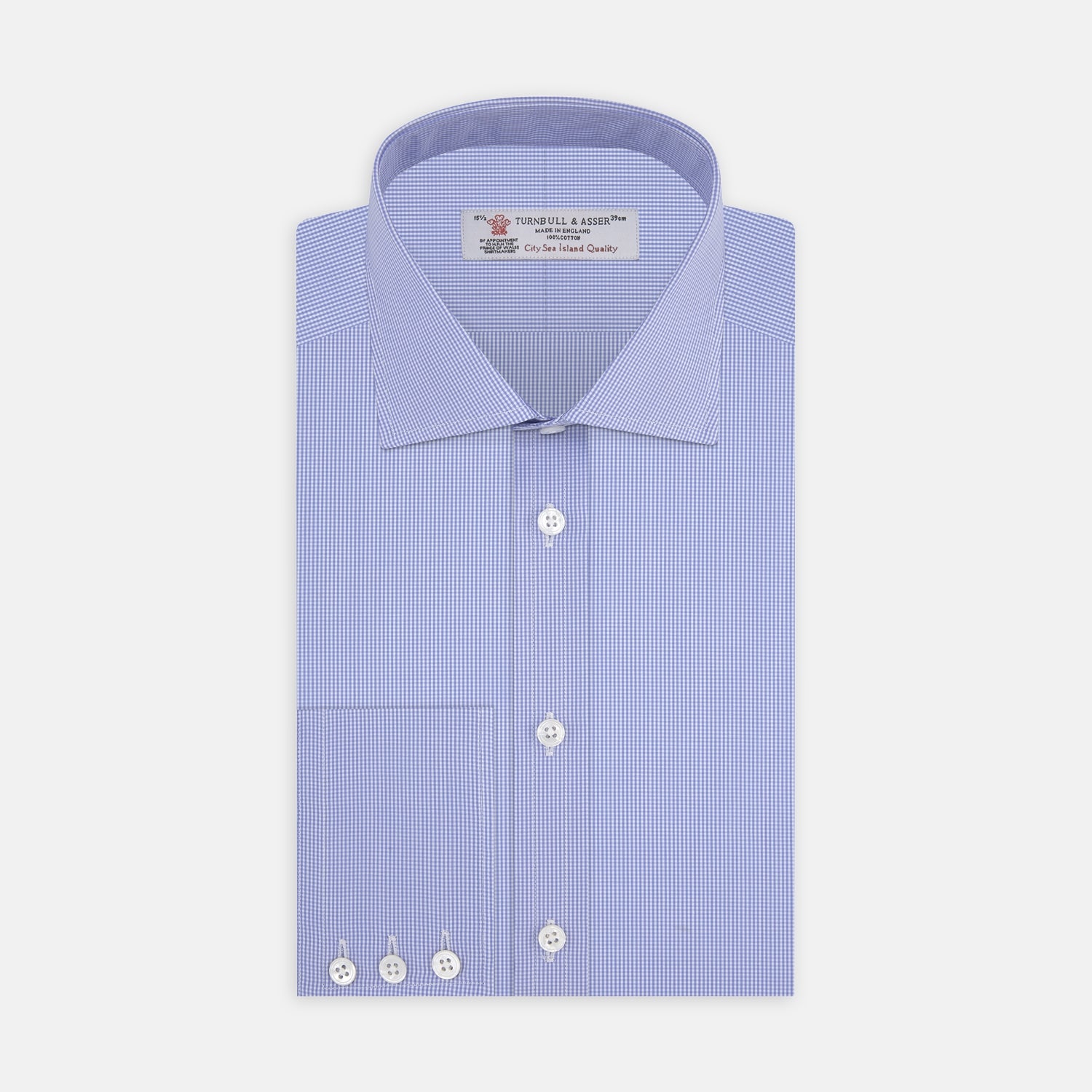 View 1 of product The Turnbull & Asser Blue Fine Check Sea Island Quality Cotton Shirt features a Regent collar and 3-button cuffs for a refined look.