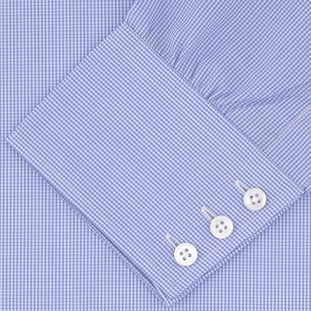The Turnbull & Asser Blue Fine Check Sea Island Quality Cotton Shirt features a Regent collar and 3-button cuffs for a refined look.
